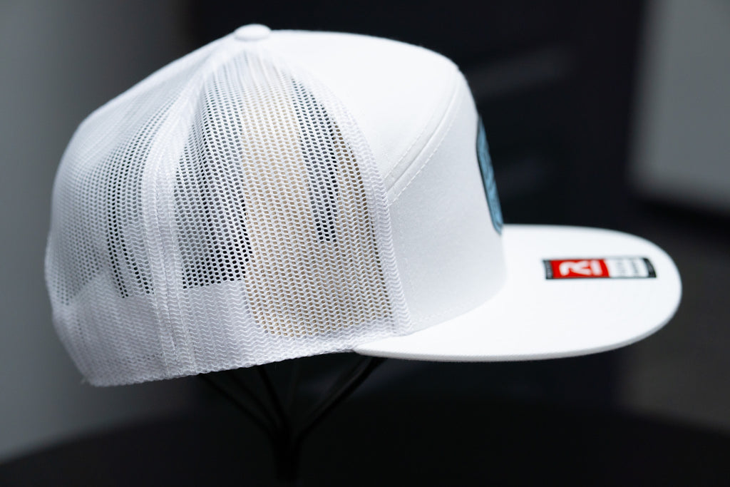 Jesus Over Everything - Richardson 168 Flat Bill Hat - White With Baby Blue Leather