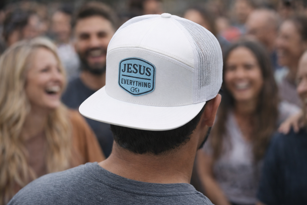 Jesus Over Everything - Richardson 168 Flat Bill Hat - White With Baby Blue Leather