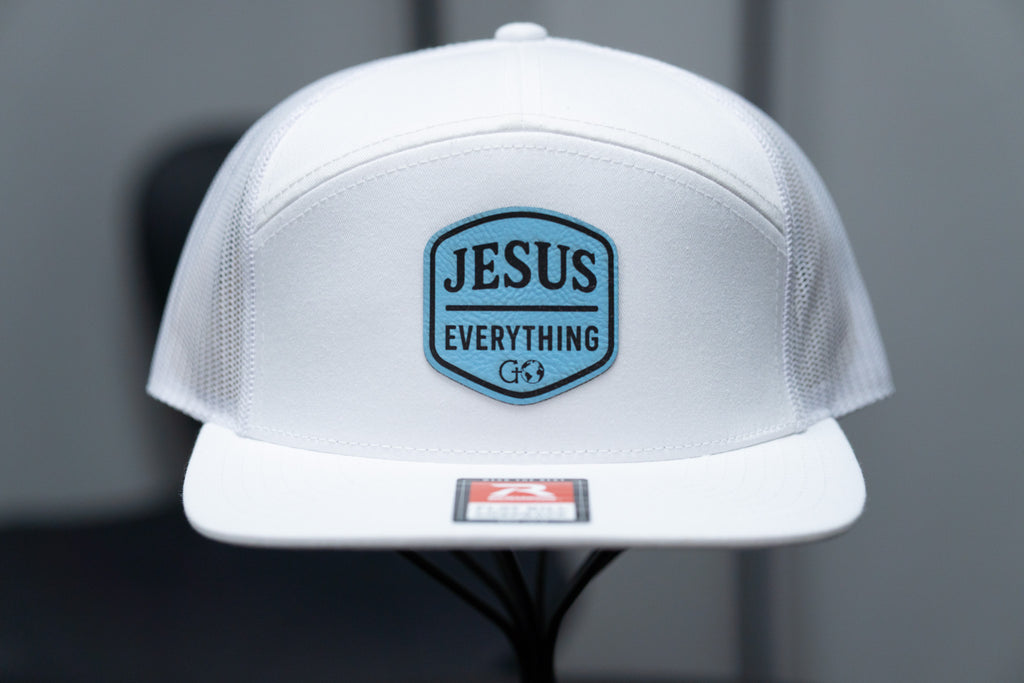 Jesus Over Everything - Richardson 168 Flat Bill Hat - White With Baby Blue Leather