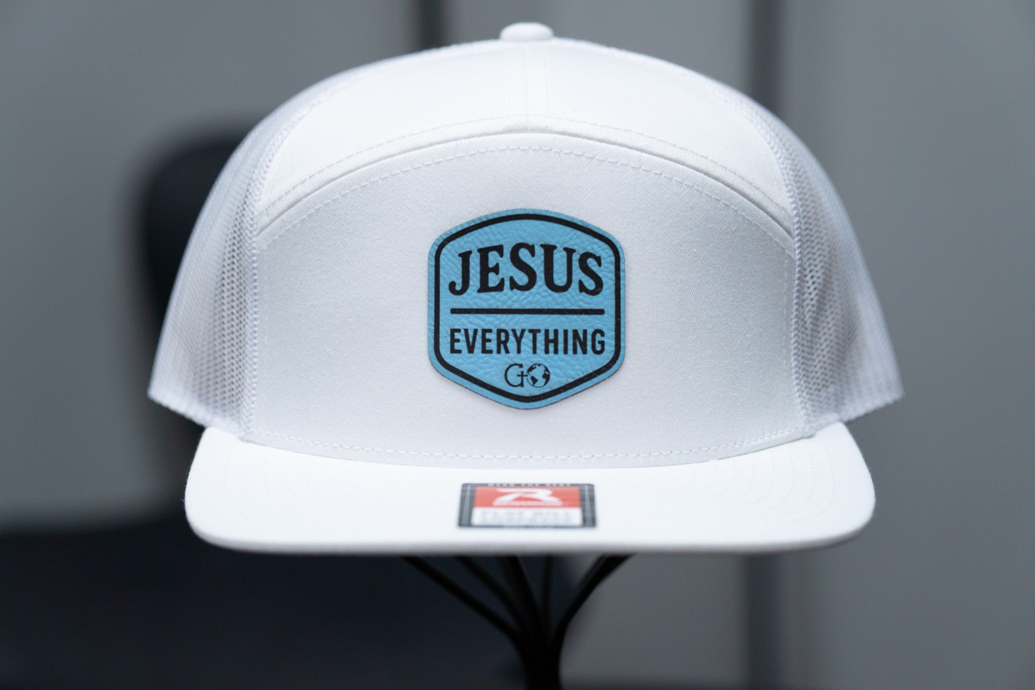 Jesus Over Everything - Richardson 168 Flat Bill Hat - White With Baby Blue Leather