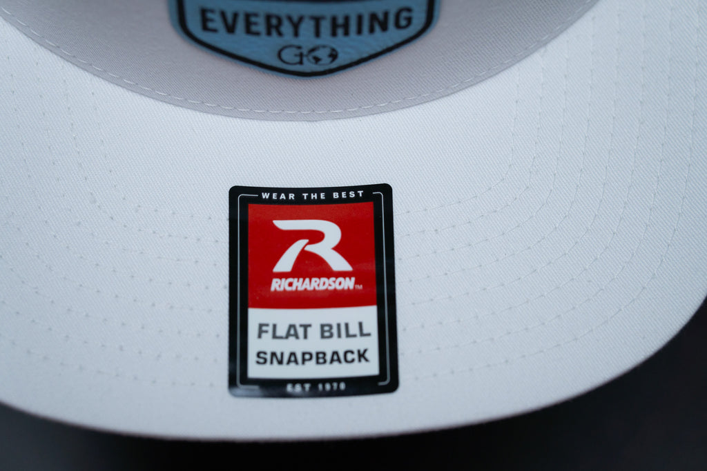 Jesus Over Everything - Richardson 168 Flat Bill Hat - White With Baby Blue Leather