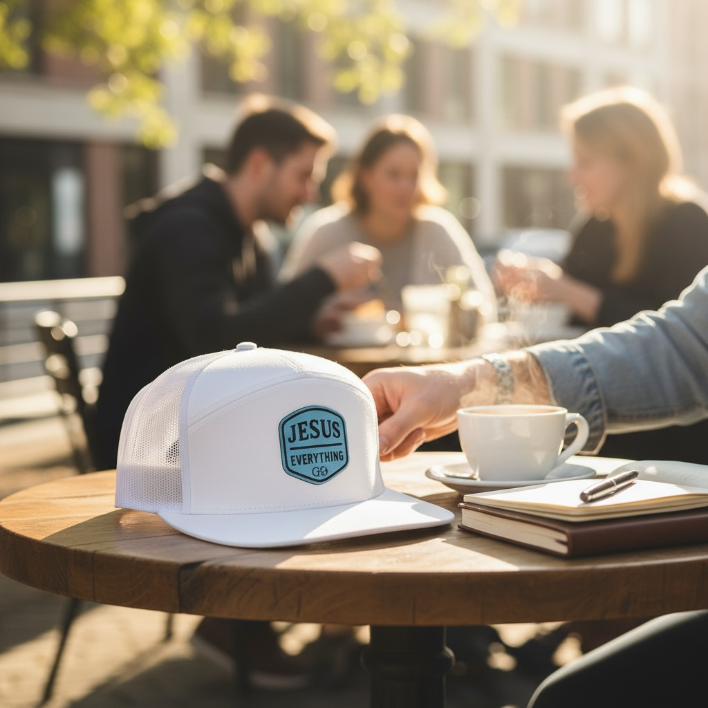 Jesus Over Everything - Richardson 168 Flat Bill Hat - White With Baby Blue Leather