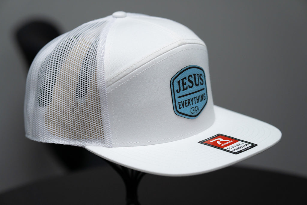 Jesus Over Everything - Richardson 168 Flat Bill Hat - White With Baby Blue Leather