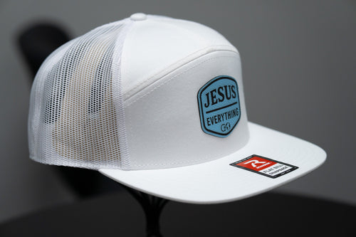 Jesus Over Everything - Richardson 168 Flat Bill Hat - White With Baby Blue Leather