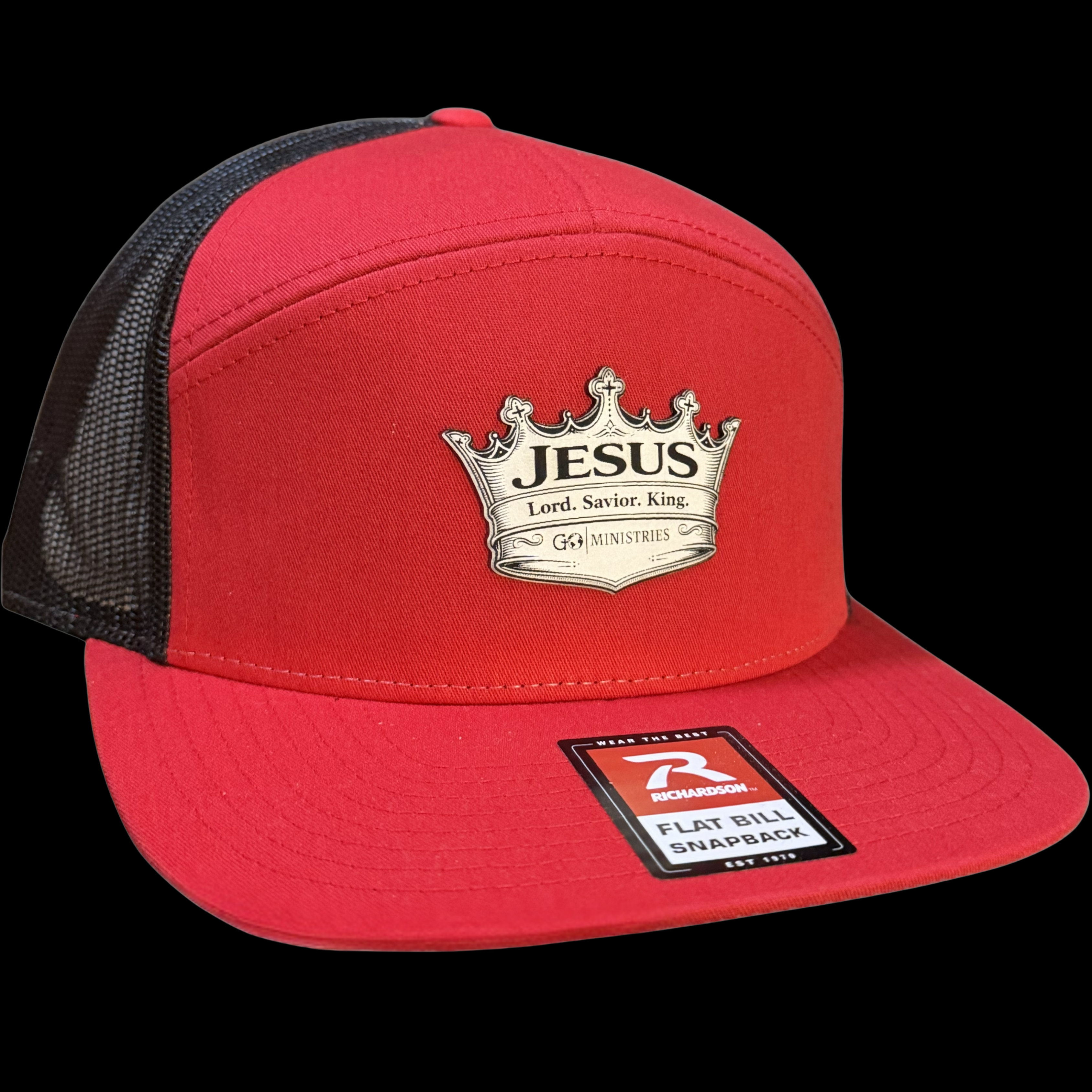 JESUS - Lord. Savior. King. Red With White Leather. Richardson 168 Snap Back Flat Bill Hat