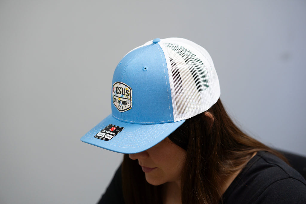 Jesus Over Everything - Baby Blue And White Snap Back Trucker Hat With Floral Leather - Richardson 112