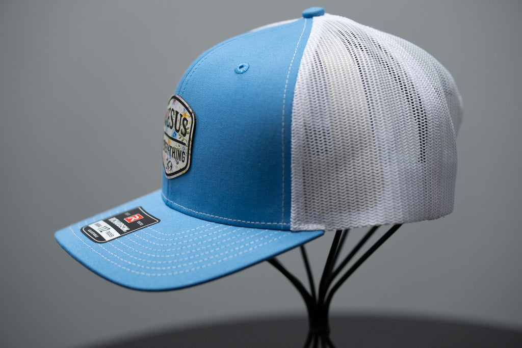 Jesus Over Everything - Baby Blue And White Snap Back Trucker Hat With Floral Leather - Richardson 112