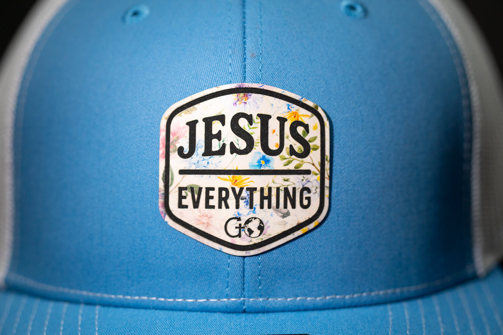 Jesus Over Everything - Baby Blue And White Snap Back Trucker Hat With Floral Leather - Richardson 112
