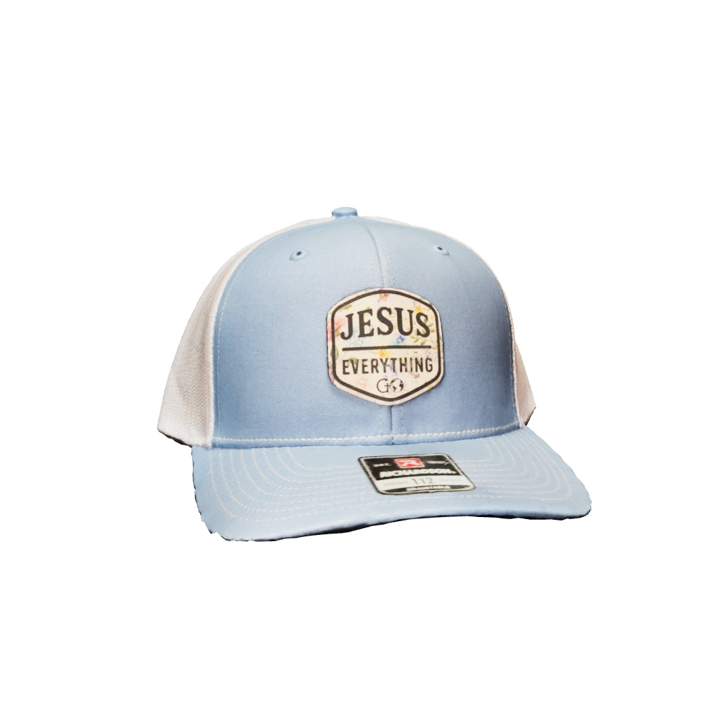 Jesus Over Everything - Baby Blue And White Snap Back Trucker Hat With Floral Leather - Richardson 112
